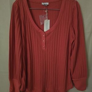 Sundance Coral Ribbed Scoop-Neck Henley Long Sleeve Top